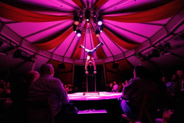 IP-rated stage lighting at Wynnum Fringe, an outdoor event at dusk