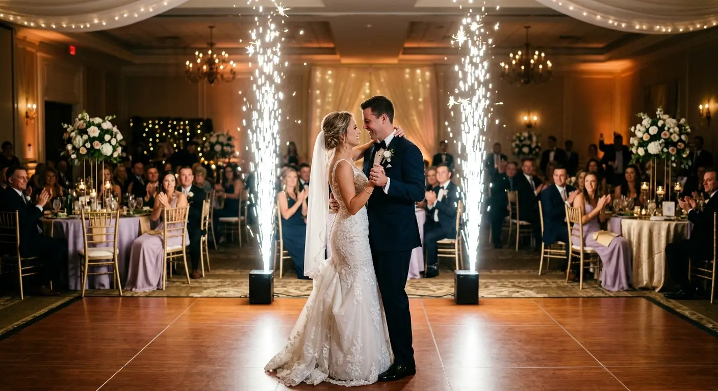 Silver spark package, couple dancing with 2 cold spark machines